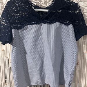 Navy and White Lace Striped Women's Top from Zara
